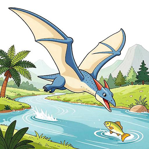 Colorful digital illustration of a blue dragon with beige wings swooping over a flowing river, chasing a yellow fish, with a mountain, palm tree,