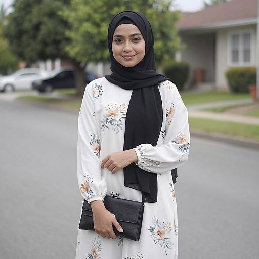 Young Woman in Floral Hijab Outfit