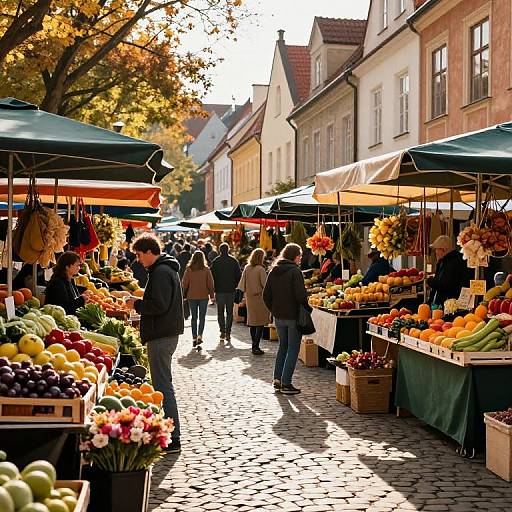 Photograph of a bustling outdoor market in autumn, with colorful fruits and vegetables under green and orange canopies, shoppers in coats, and cobblestone