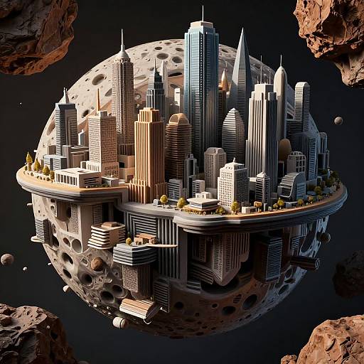 Digital CGI of a futuristic city floating on a cratered, moon-like planet with skyscrapers, trees, and rocky surroundings in a dark space.
