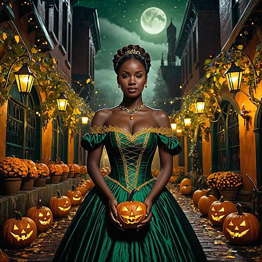 African Woman in Victorian Dress with Jack-o'-Lanterns