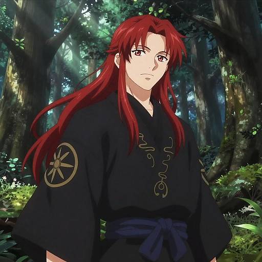 Anime-style digital drawing of a red-haired man with long hair, wearing a black kimono with gold symbols, standing in a dense, moonlit forest