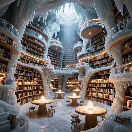 Photorealistic digital art of an icy, fantastical library with glowing candles, icicle-covered shelves, and circular wooden tables in a cavernous,