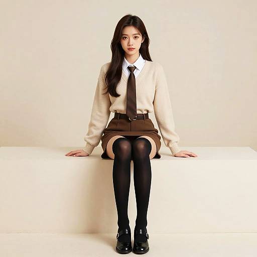 Photograph of an Asian woman with long black hair, wearing a white sweater, black tie, brown skirt, black stockings, and black shoes, sitting