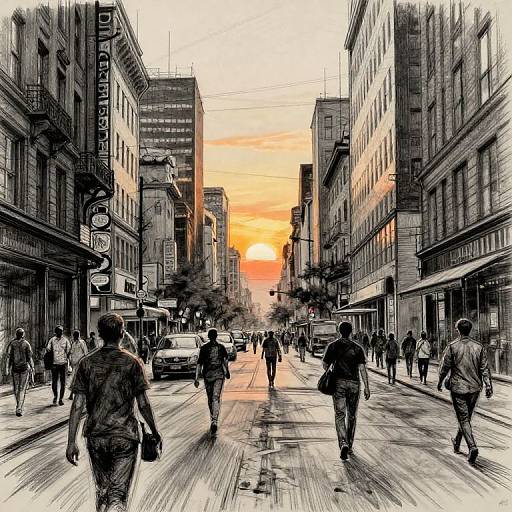 Charcoal Drawing of Bustling City Street