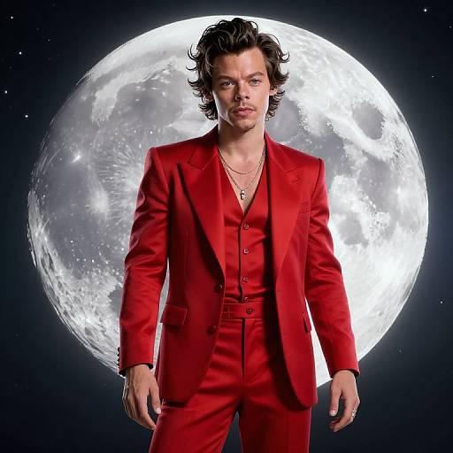 Photograph of a handsome man with wavy brown hair, wearing a vibrant red suit, standing confidently in front of a bright full moon in a star