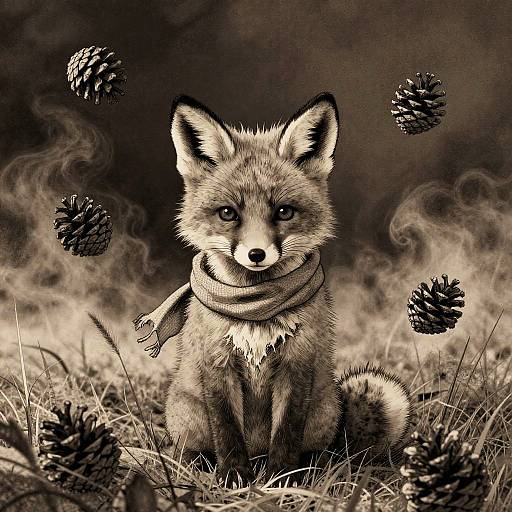 Mischievous Fox Cub in Sepia Line Art
