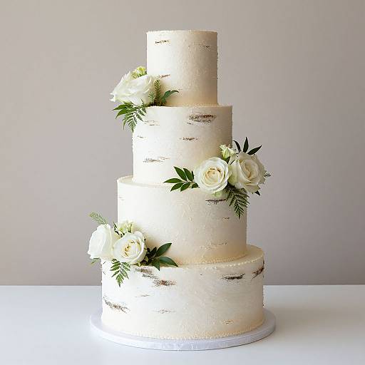 Photograph of a four-tiered, white wedding cake with textured icing, adorned with white roses and green leaves, set against a plain gray background.