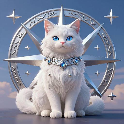 White Long Fur Cat with Jeweled Collar and Rune Circle