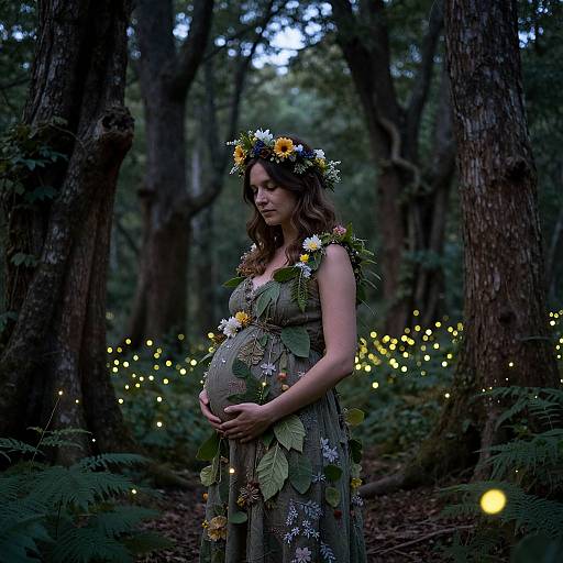 Pregnant woman in a forest, wearing a leafy, floral dress and flower crown, surrounded by glowing fireflies, photograph.