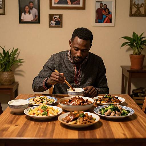 Photograph of an African man in a gray, patterned shirt, eating from a bowl of rich, saucy meat, surrounded by colorful dishes