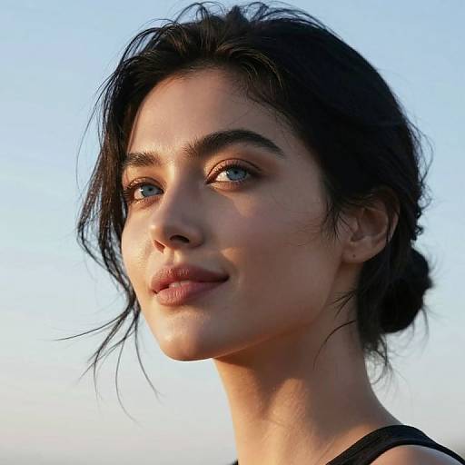 Photograph of a young woman with fair skin, blue eyes, and dark brown hair in a loose bun, smiling softly against a clear blue sky background