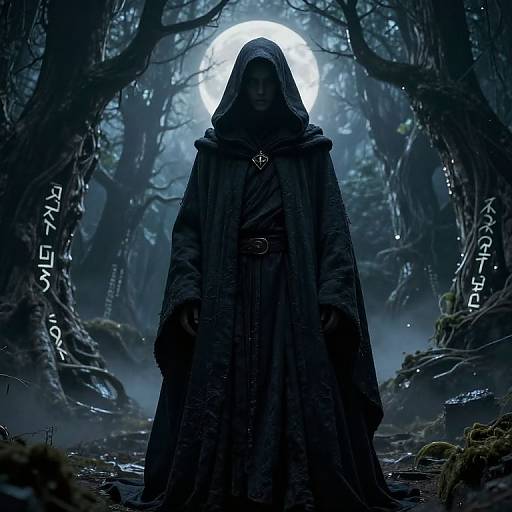 Mysterious, hooded figure in dark cloak stands silhouetted against glowing full moon in eerie, misty forest. Runes on trees.