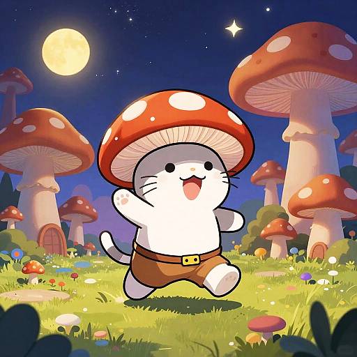 Cartoon Cat in Neon Mushroom Village
