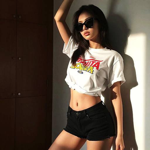 Photograph of a young woman with long black hair, wearing sunglasses, a white 