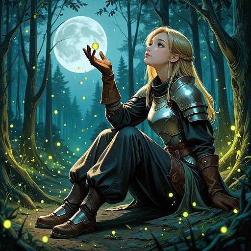 Digital artwork of a blonde, armored woman sitting in a moonlit forest, holding a glowing firefly, surrounded by ethereal yellow lights.