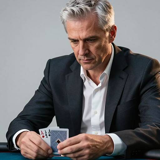 Photograph of a middle-aged man with silver hair, wearing a black suit and white shirt, intensely focusing on a poker hand with an Ace of A