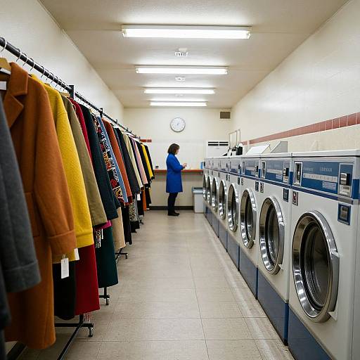Photograph of a brightly lit laundromat with colorful coats on left, white and blue front-loading washers on right, and a woman in