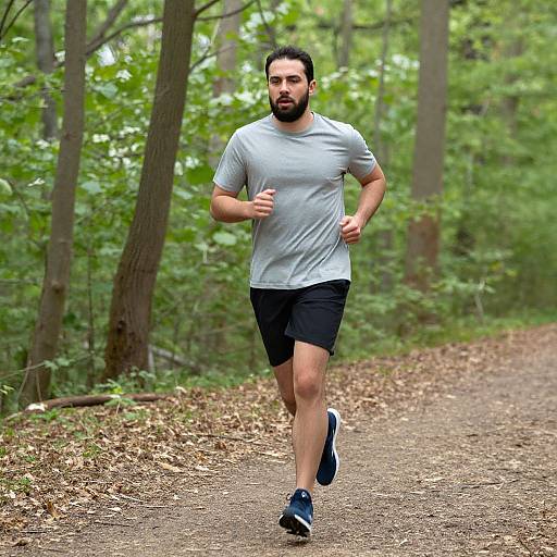 Photograph of a bearded man with short dark hair, wearing a gray t-shirt, black shorts, and blue running shoes, jogging on a forest