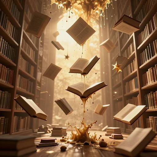 Photograph-like CGI: Golden books and star explode upward from fiery splash in a dim, book-filled library, books floating, some open.
