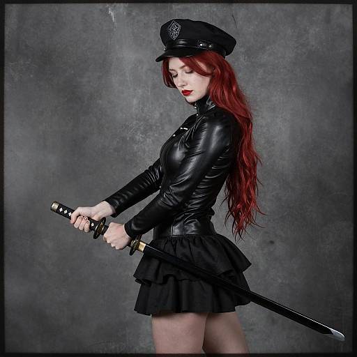 Woman in Black Leather Holding Katana
