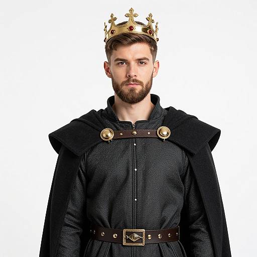 Photograph of a bearded white man with short brown hair, wearing a gold crown, black medieval-style robe, and belt, against a white background