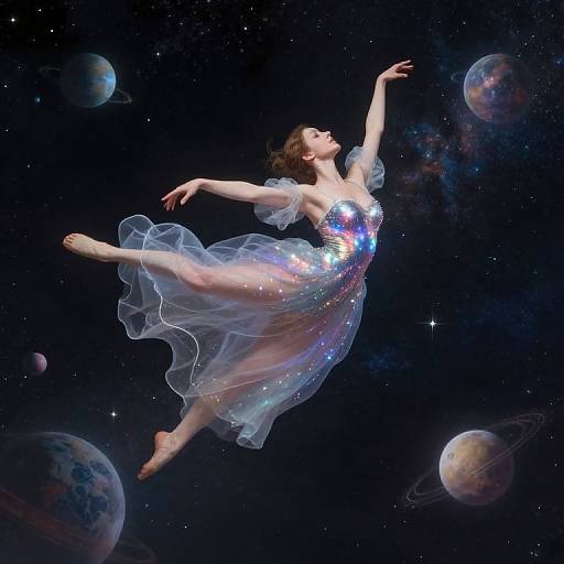 A dancing woman in a shimmering, transparent dress floats in space surrounded by planets and stars, her arms and legs gracefully extended. Digital art.