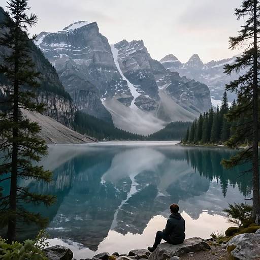 Photograph of a lone person sitting on rocks by a serene mountain lake, reflecting rugged snow-capped peaks and dense evergreen trees.