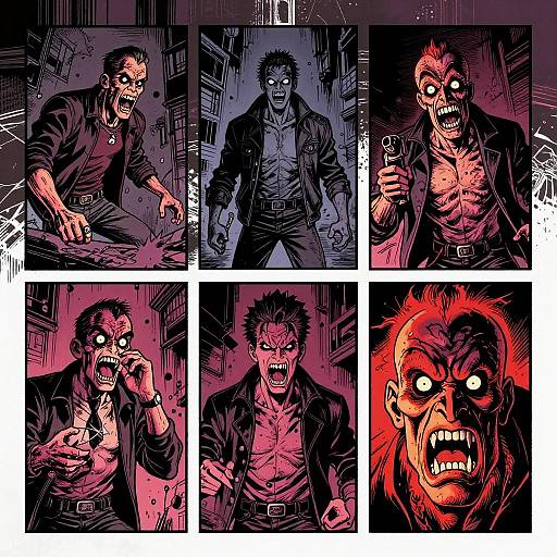 Comic panel series: Muscular, shirtless man with spiky hair and glowing eyes transforms into a fierce, enraged vampire-like creature. Dark, dramatic