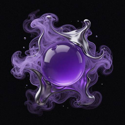 Glowing purple sphere surrounded by ethereal, wispy white and silver smoke against a black background, creating a magical, otherworldly effect.