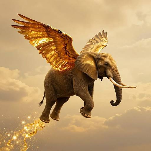 Photograph of a majestic elephant with golden, glowing wings soaring through a cloudy, sunset sky, trailing sparks from its feet.