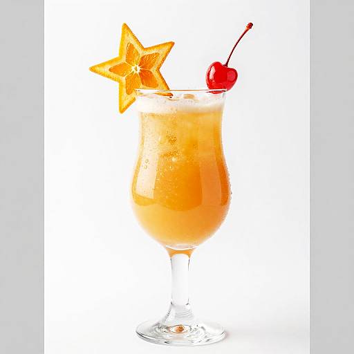 Photograph of a tropical cocktail with a star-shaped orange garnish and red cherry, in a curved glass, against a white background.