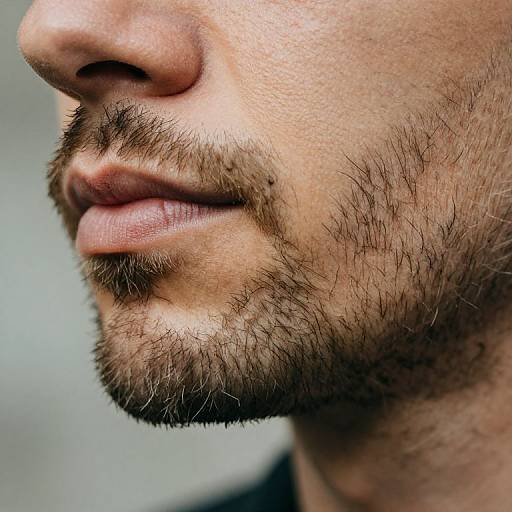 Close-up photograph of a bearded man's profile, focusing on his lips, chin, and stubbled jawline. Light skin, slight shadowing