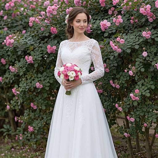 Photograph of a beautiful brunette bride in a white lace wedding dress, holding a pink and white bouquet, standing in front of a lush pink rose bush