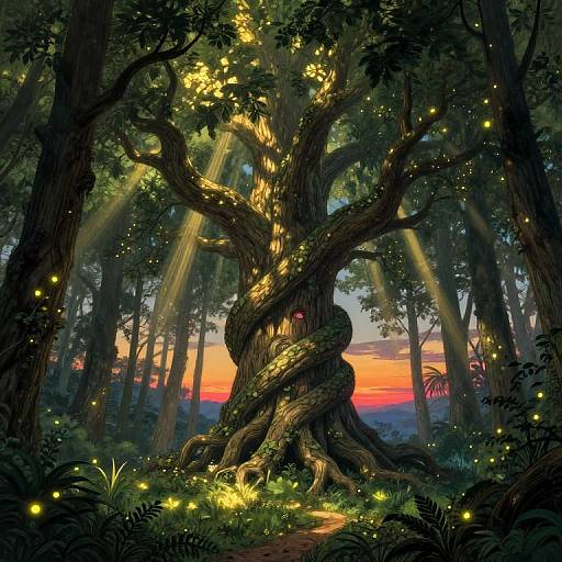 Enchanted forest scene: large, twisted tree illuminated by glowing fireflies, sunset in background, sunlight filtering through dense foliage, vibrant colors. Digital