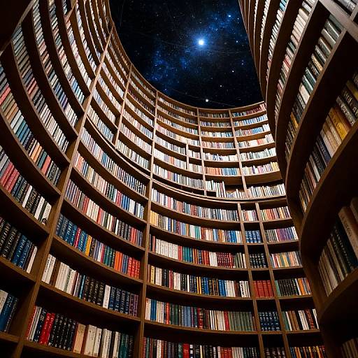 Photograph of a circular library with towering shelves filled with colorful books, illuminated by warm lights, viewed from below, with a starry night sky visible