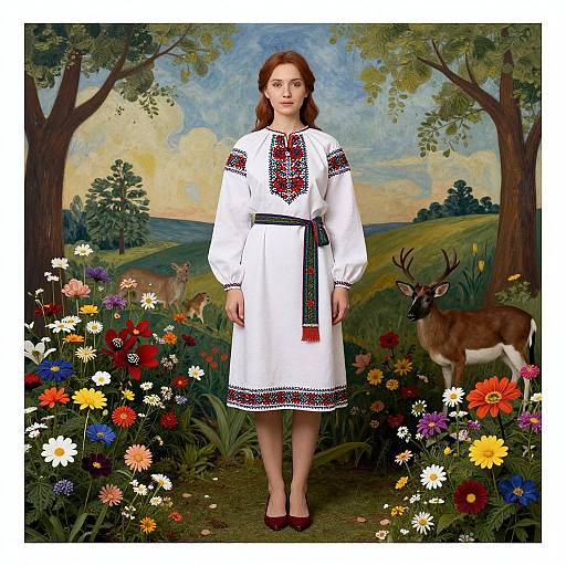 Photograph of a fair-skinned woman with red hair, wearing a white embroidered dress with black and red patterns, standing in a vibrant flower garden with