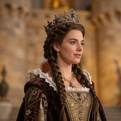 Photograph of a young woman with fair skin, brown braided hair, wearing an ornate gold crown, lace-trimmed brown velvet dress,
