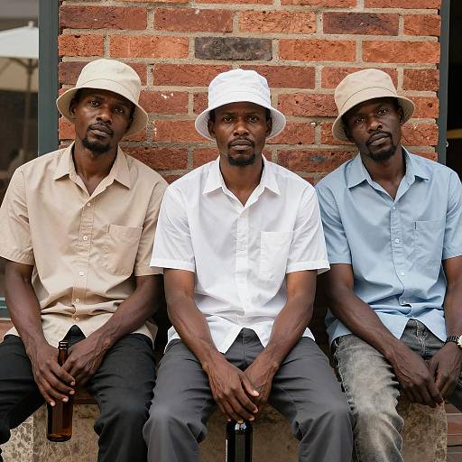 Three Men in Light Hats Against Wall