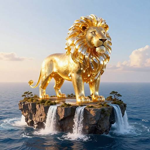 Glowing gold lion statue with a radiant mane stands on a rocky waterfall island, surrounded by ocean and clear sky. Digital artwork.