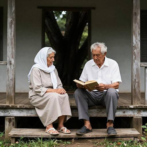 Elderly Couple on Wooden Porch Reading