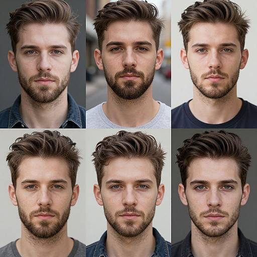 Photograph collage of six headshots of a young Caucasian man with brown hair, varying beard styles, and different clothing.