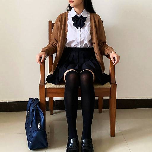 Young Woman in School Uniform Sitting on Chair