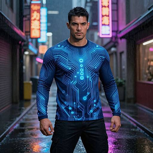 Photorealistic CGI of a muscular man with short black hair, wearing a neon blue circuit-patterned shirt, standing in a rain-soaked, neon