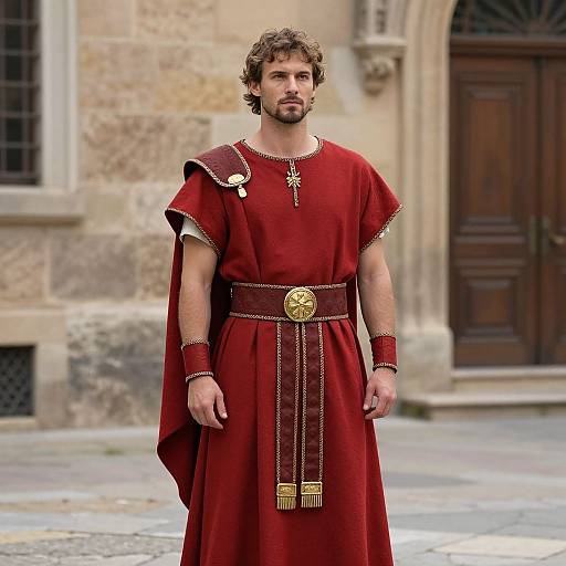 Photograph of a curly-haired, bearded man in a red ancient Roman-style tunic with gold accents, standing in front of a stone building with