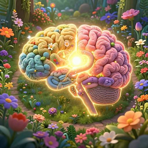 Digital art of glowing, colorful, brain-shaped flowers with intricate textures, standing in a vibrant, magical garden filled with diverse flowers.