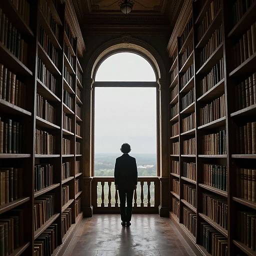 Photograph of a silhouette of a person standing at the end of a narrow, wooden bookshelf-lined hallway, gazing out through a large arched