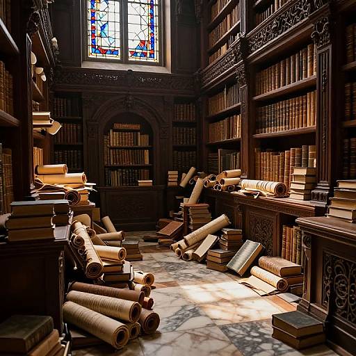 Ancient Library Overflowing with Scrolls
