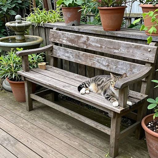 Rustic Deck with Tabby Cat and Garden