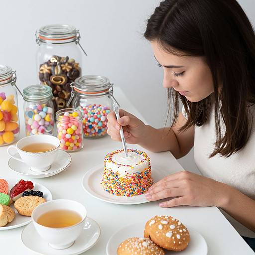 Woman Decorating Cake with Sprinkles
